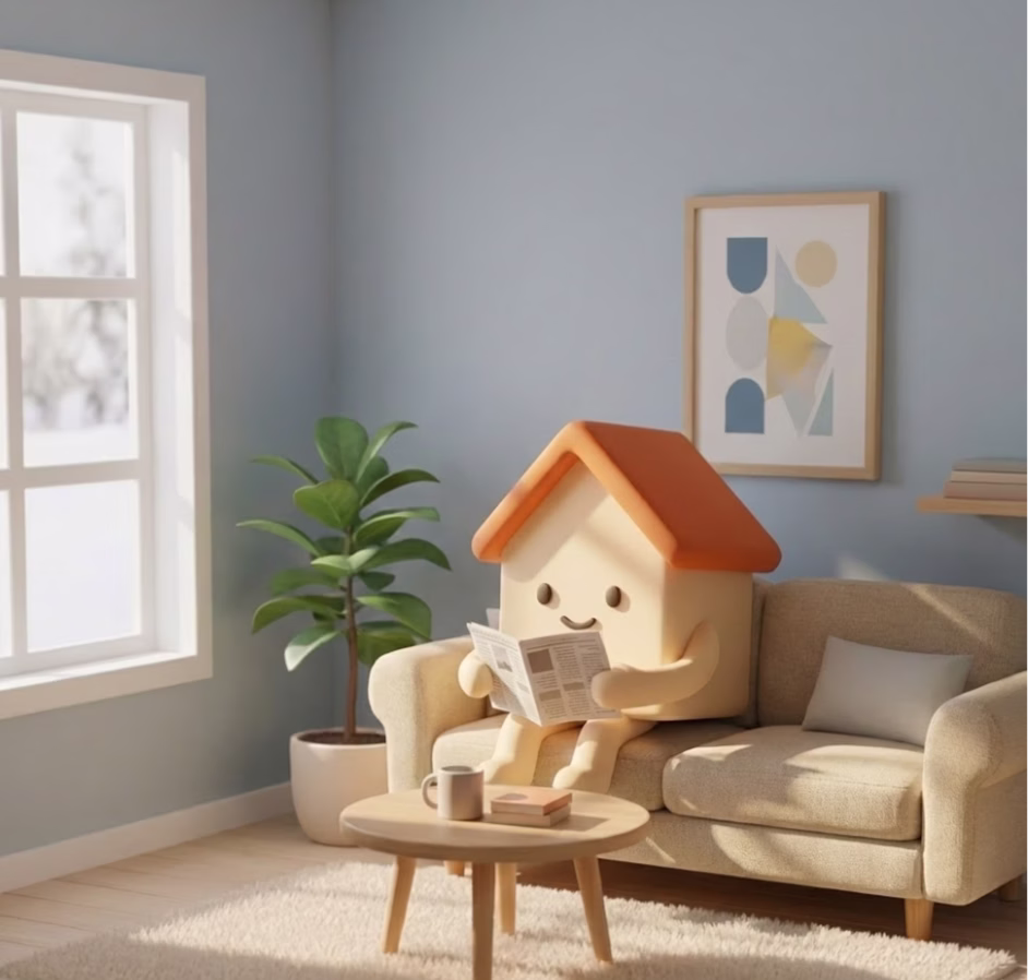 Bobbo, Bofrid's house mascot, reading a newspaper on a sofa in a sunlit living room